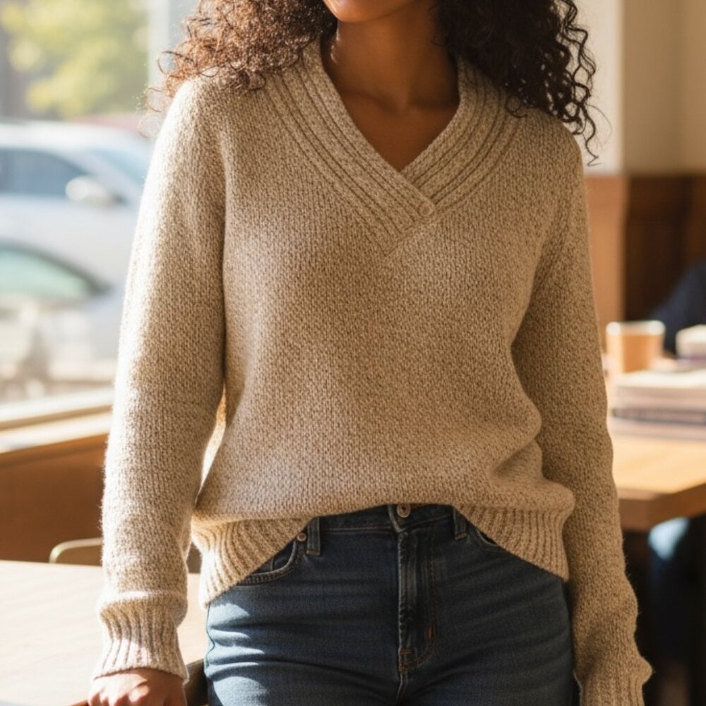 Christopher & Banks Petite Beige Woman Sweater Small V-Neck Collar Buttons